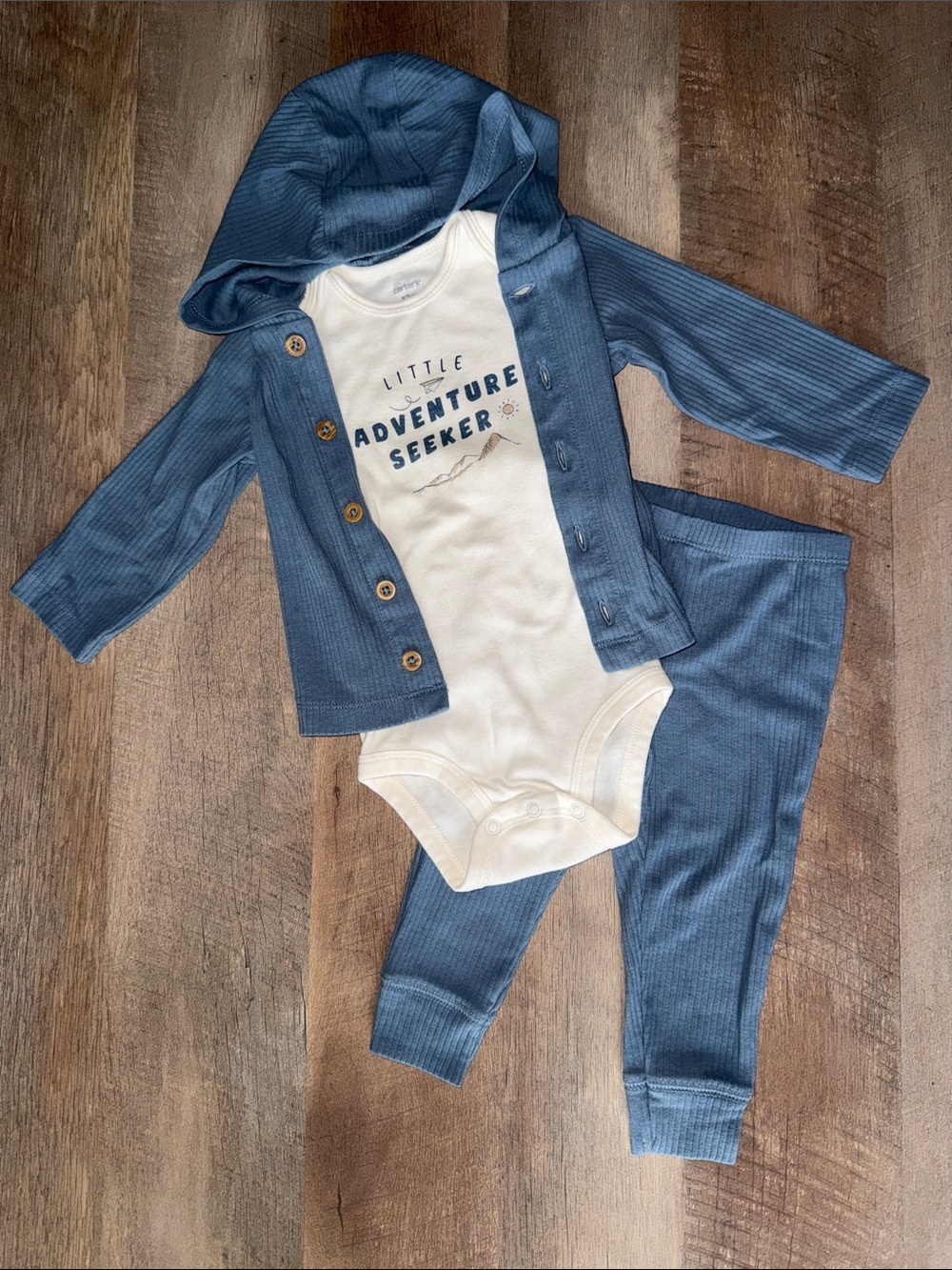 Carters 12m Baby Hooded Ribbed Three-Piece Set in Blue and Cream